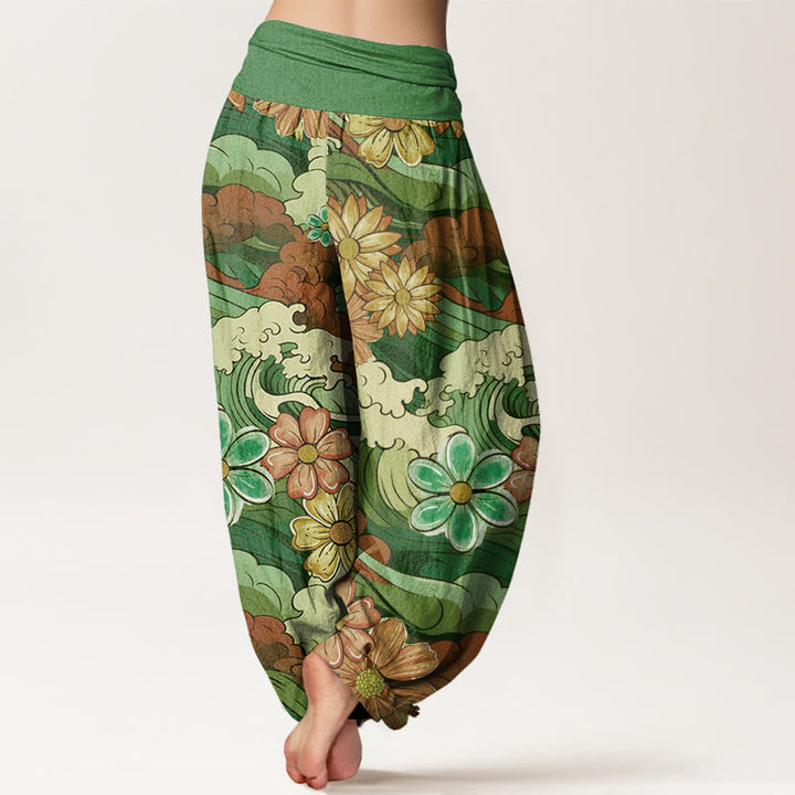 Buddha Stones、カラフルな海の波、様々な花柄、レディース伸縮性ウエストハーレムパンツ - image 6