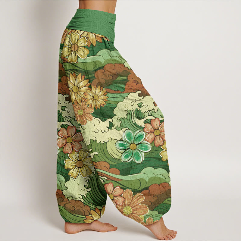 Buddha Stones、カラフルな海の波、様々な花柄、レディース伸縮性ウエストハーレムパンツ - image 7