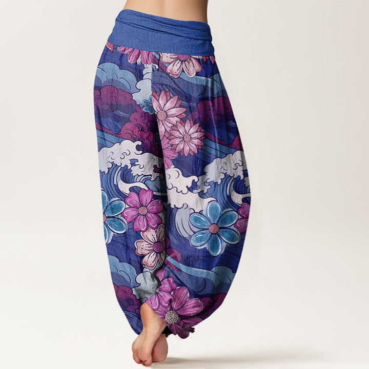 Buddha Stones、カラフルな海の波、様々な花柄、レディース伸縮性ウエストハーレムパンツ - image 9