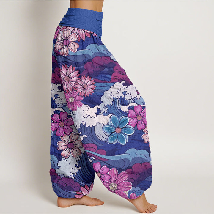 Buddha Stones、カラフルな海の波、様々な花柄、レディース伸縮性ウエストハーレムパンツ - image 10