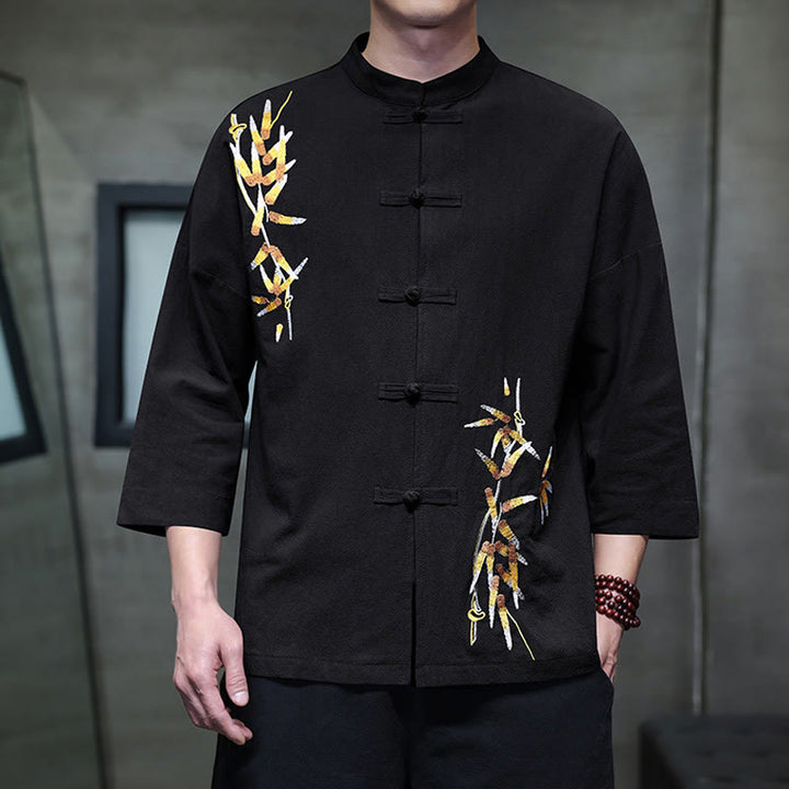 Buddha Stones刺繍メンズ中国風フロッグボタン七分袖シャツ