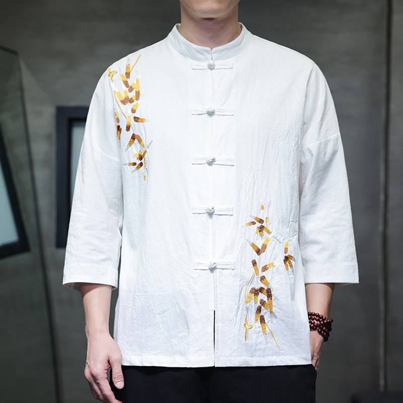 Buddha Stones刺繍メンズ中国風フロッグボタン七分袖シャツ