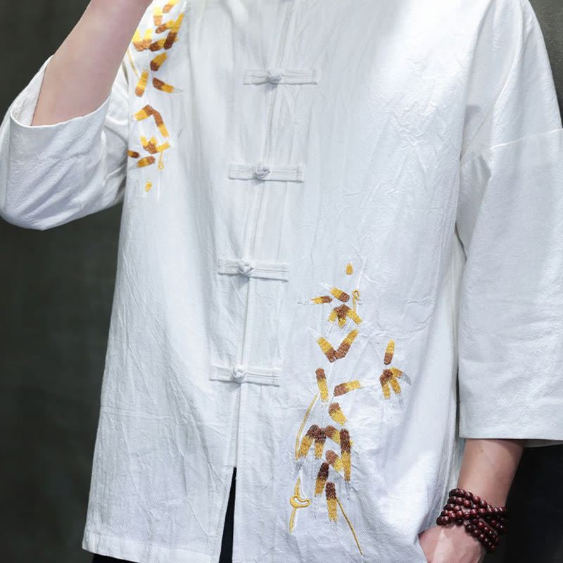 Buddha Stones刺繍メンズ中国風フロッグボタン七分袖シャツ