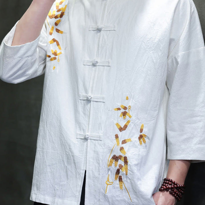 Buddha Stones刺繍メンズ中国風フロッグボタン七分袖シャツ