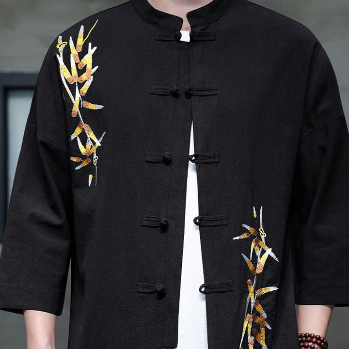 Buddha Stones刺繍メンズ中国風フロッグボタン七分袖シャツ - image 2