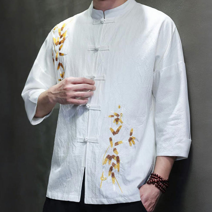 Buddha Stones刺繍メンズ中国風フロッグボタン七分袖シャツ