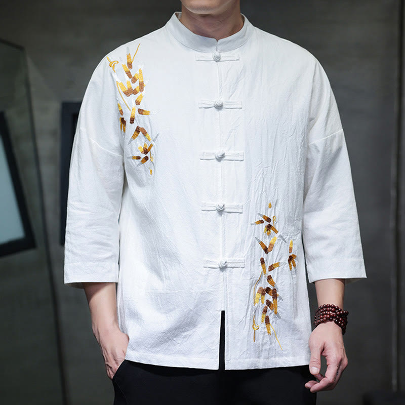 Buddha Stones刺繍メンズ中国風フロッグボタン七分袖シャツ