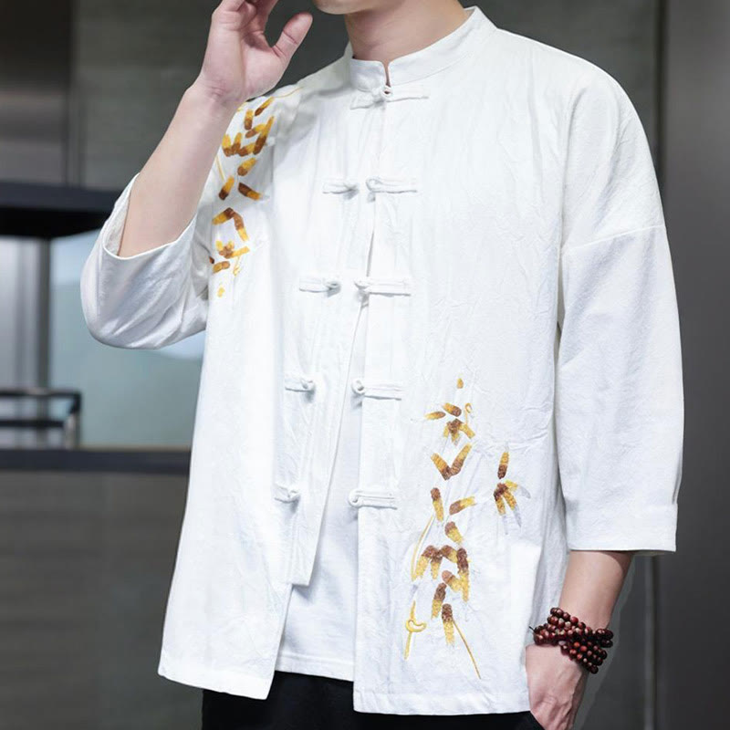 Buddha Stones刺繍メンズ中国風フロッグボタン七分袖シャツ - image 7