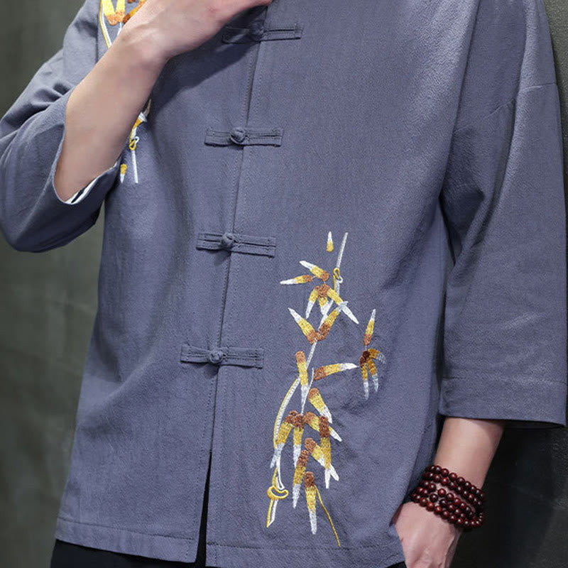 Buddha Stones刺繍メンズ中国風フロッグボタン七分袖シャツ