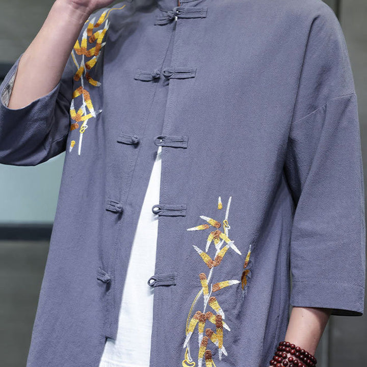 Buddha Stones刺繍メンズ中国風フロッグボタン七分袖シャツ - image 27