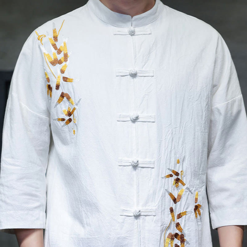 Buddha Stones刺繍メンズ中国風フロッグボタン七分袖シャツ - image 11