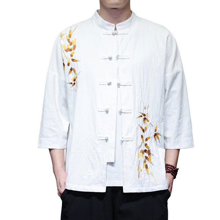 Buddha Stones刺繍メンズ中国風フロッグボタン七分袖シャツ