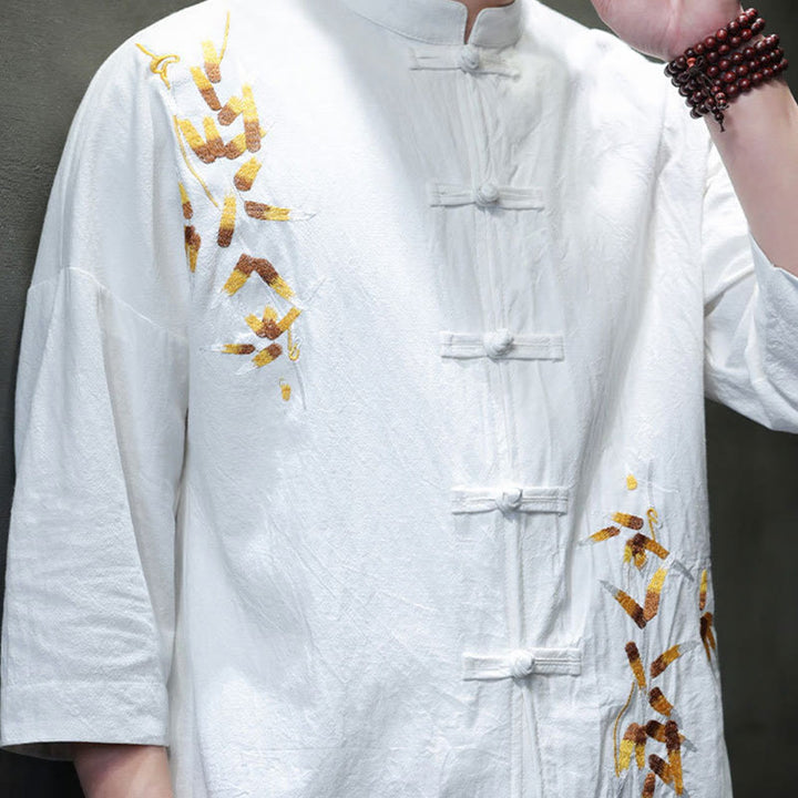 Buddha Stones刺繍メンズ中国風フロッグボタン七分袖シャツ - image 12