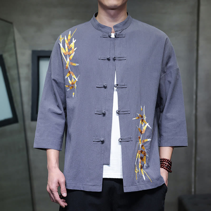 Buddha Stones刺繍メンズ中国風フロッグボタン七分袖シャツ