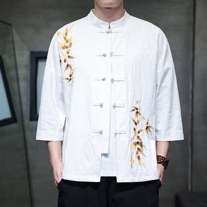 Buddha Stones刺繍メンズ中国風フロッグボタン七分袖シャツ