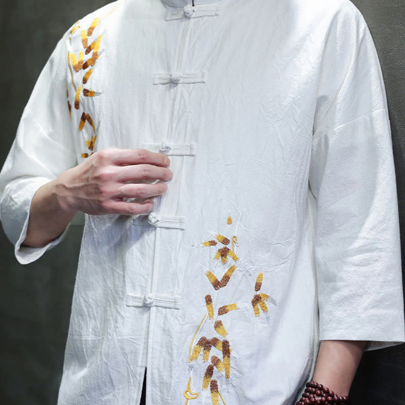 Buddha Stones刺繍メンズ中国風フロッグボタン七分袖シャツ - image 15