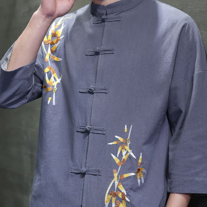 Buddha Stones刺繍メンズ中国風フロッグボタン七分袖シャツ