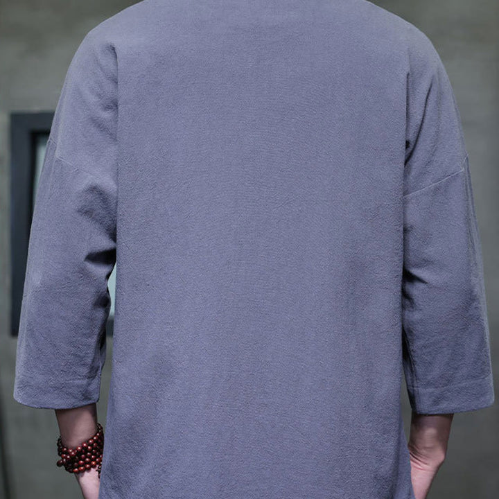 Buddha Stones刺繍メンズ中国風フロッグボタン七分袖シャツ