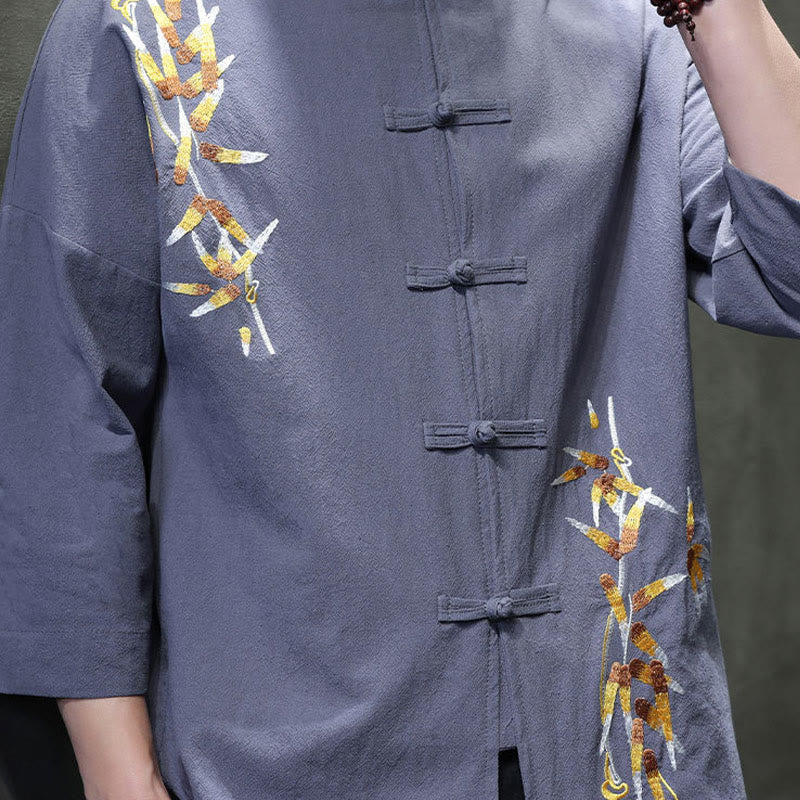 Buddha Stones刺繍メンズ中国風フロッグボタン七分袖シャツ - image 26
