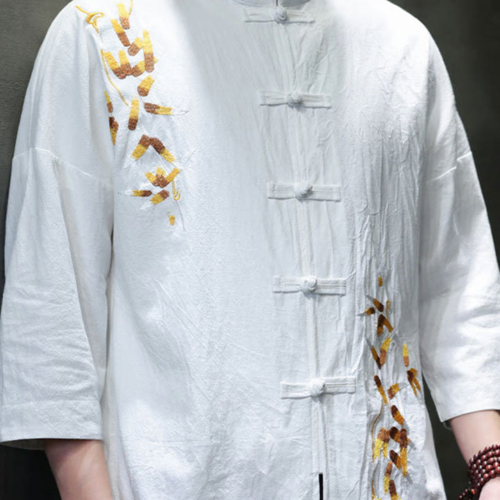 Buddha Stones刺繍メンズ中国風フロッグボタン七分袖シャツ - image 16