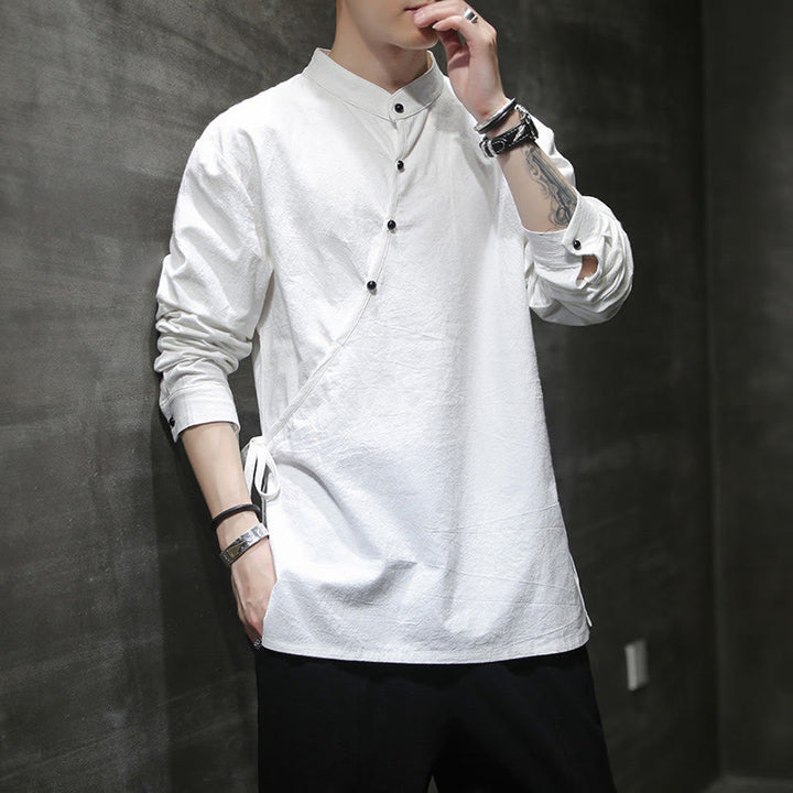 Buddha Stones無地 レースアップ シンプル ボタンデザイン メンズ 長袖 コットン リネン シャツ 服 - 白 - US/UK/AU46、 EU56 (5XL) - image 13