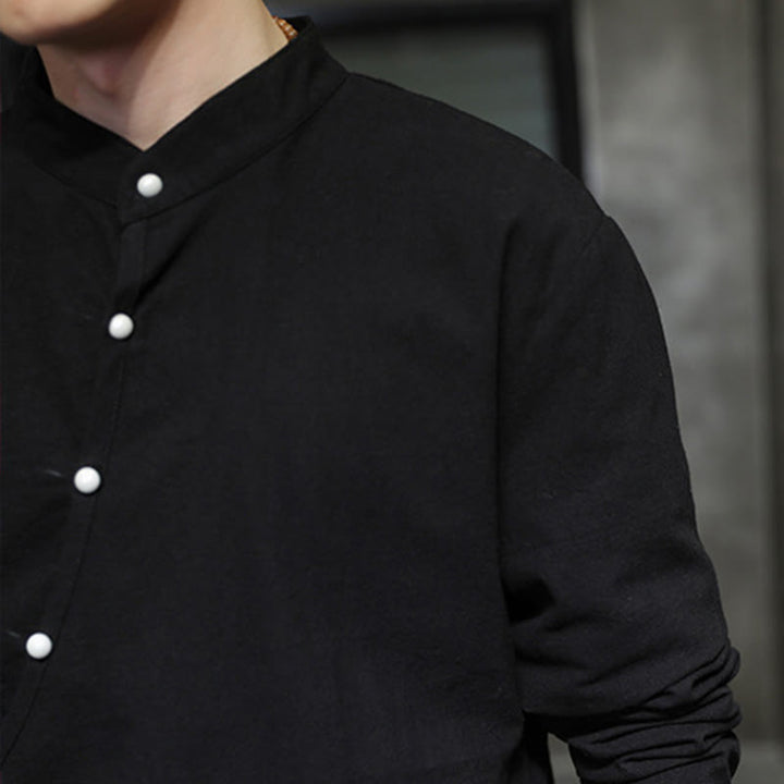 Buddha Stones無地 レースアップ シンプル ボタンデザイン メンズ 長袖 コットン リネン シャツ 服 - image 9