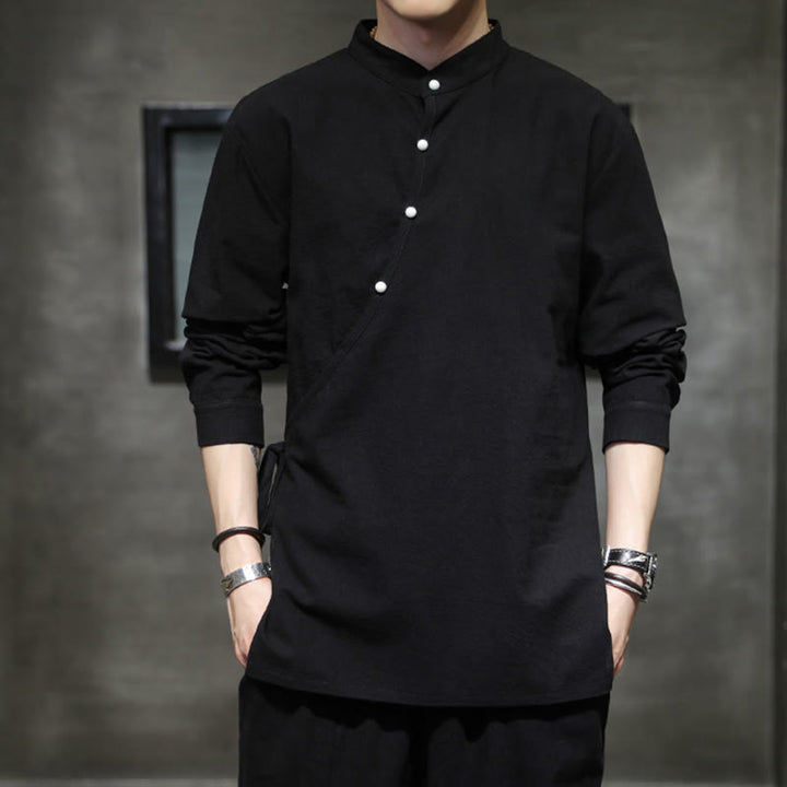Buddha Stones無地 レースアップ シンプル ボタンデザイン メンズ 長袖 コットン リネン シャツ 服 - 黒 - US/UK/AU46、 EU56 (5XL) - image 0
