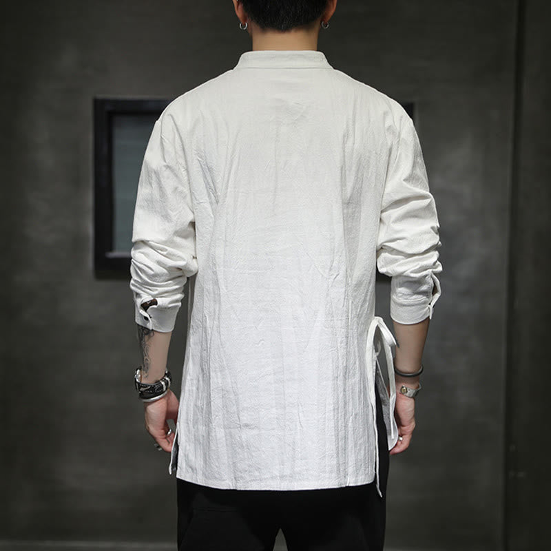 Buddha Stones無地 レースアップ シンプル ボタンデザイン メンズ 長袖 コットン リネン シャツ 服 - image 15