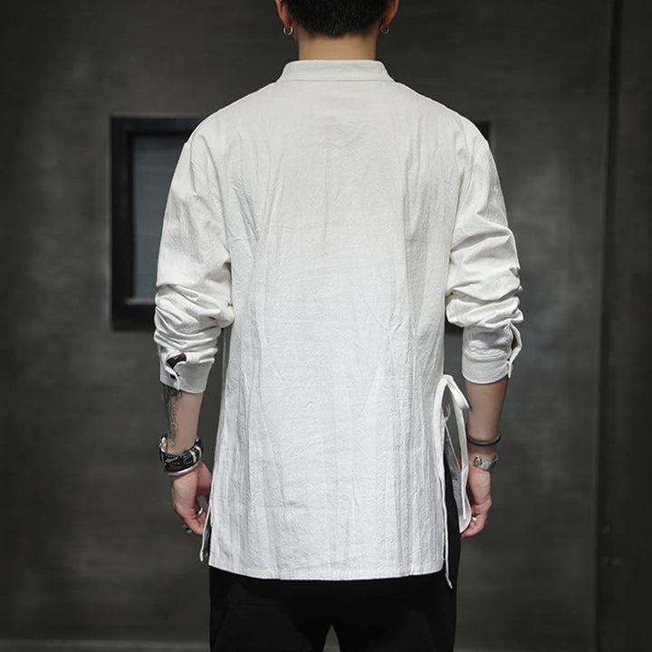 Buddha Stones無地 レースアップ シンプル ボタンデザイン メンズ 長袖 コットン リネン シャツ 服 - image 15