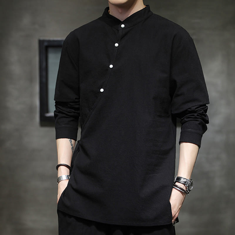 Buddha Stones無地 レースアップ シンプル ボタンデザイン メンズ 長袖 コットン リネン シャツ 服 - image 4
