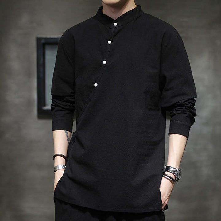 Buddha Stones無地 レースアップ シンプル ボタンデザイン メンズ 長袖 コットン リネン シャツ 服 - image 4