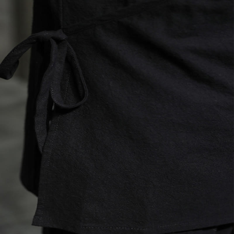 Buddha Stones無地 レースアップ シンプル ボタンデザイン メンズ 長袖 コットン リネン シャツ 服 - image 10