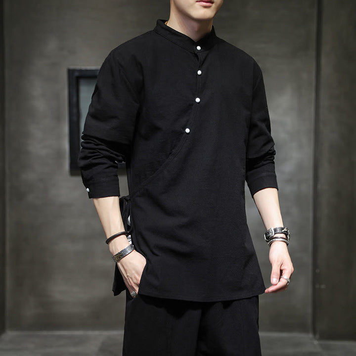Buddha Stones無地 レースアップ シンプル ボタンデザイン メンズ 長袖 コットン リネン シャツ 服 - image 7
