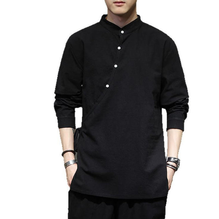 Buddha Stones無地 レースアップ シンプル ボタンデザイン メンズ 長袖 コットン リネン シャツ 服 - image 12