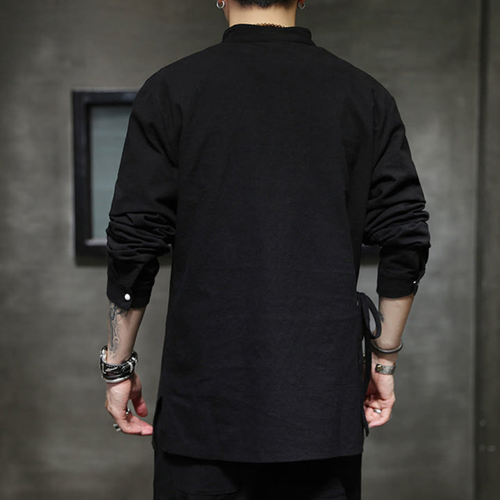 Buddha Stones無地 レースアップ シンプル ボタンデザイン メンズ 長袖 コットン リネン シャツ 服 - image 5