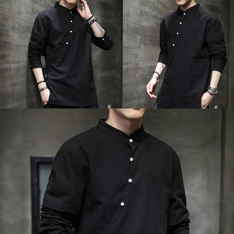 Buddha Stones無地 レースアップ シンプル ボタンデザイン メンズ 長袖 コットン リネン シャツ 服 - image 11