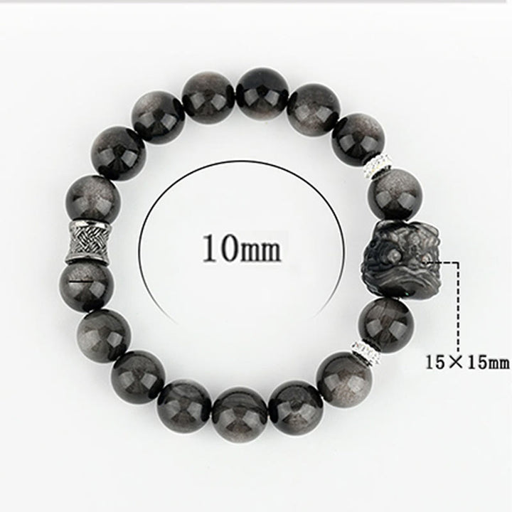 Buddha Stones天然銀光沢黒曜石獅子舞守護ブレスレット