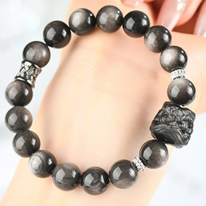 Buddha Stones天然銀光沢黒曜石獅子舞守護ブレスレット