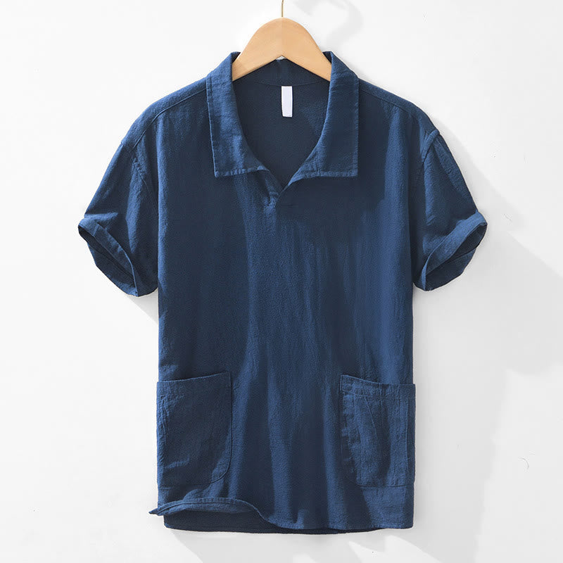 Buddha Stonesヴィンテージ無地シンプルデザインメンズ半袖コットンリネンシャツポケット付き