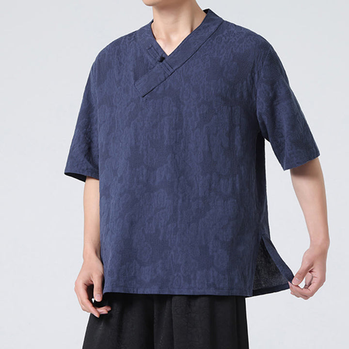 Buddha Stonesエスニック風 ダメージ加工 ジャカード フロッグボタン メンズ スタンドカラー 半袖 コットンリネン シャツ 太極拳服
