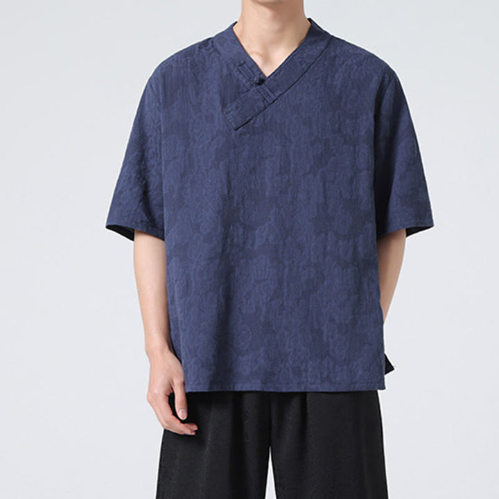 Buddha Stonesエスニック風 ダメージ加工 ジャカード フロッグボタン メンズ スタンドカラー 半袖 コットンリネン シャツ 太極拳服