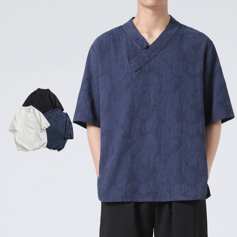 Buddha Stonesエスニック風 ダメージ加工 ジャカード フロッグボタン メンズ スタンドカラー 半袖 コットンリネン シャツ 太極拳服
