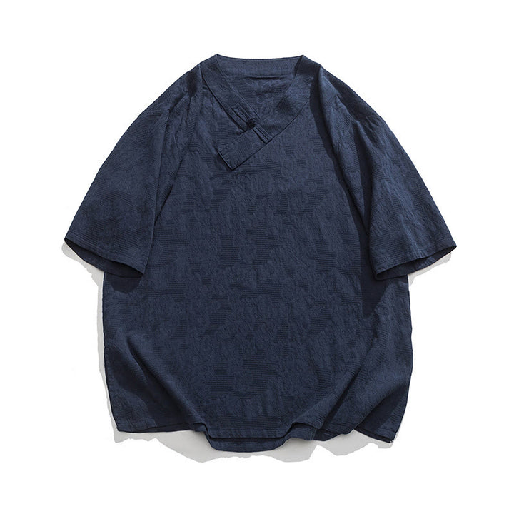 Buddha Stonesエスニック風 ダメージ加工 ジャカード フロッグボタン メンズ スタンドカラー 半袖 コットンリネン シャツ 太極拳服