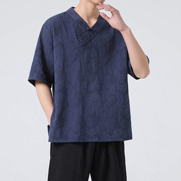 Buddha Stonesエスニック風 ダメージ加工 ジャカード フロッグボタン メンズ スタンドカラー 半袖 コットンリネン シャツ 太極拳服