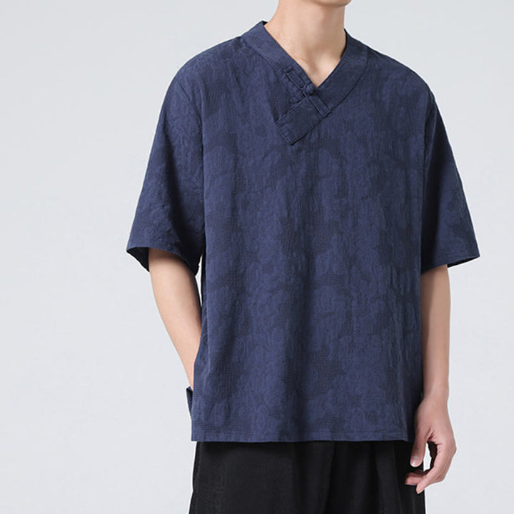 Buddha Stonesエスニック風 ダメージ加工 ジャカード フロッグボタン メンズ スタンドカラー 半袖 コットンリネン シャツ 太極拳服