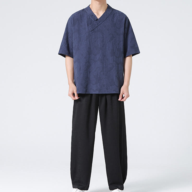 Buddha Stonesエスニック風 ダメージ加工 ジャカード フロッグボタン メンズ スタンドカラー 半袖 コットンリネン シャツ 太極拳服