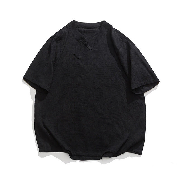 Buddha Stonesエスニック風 ダメージ加工 ジャカード フロッグボタン メンズ スタンドカラー 半袖 コットンリネン シャツ 太極拳服