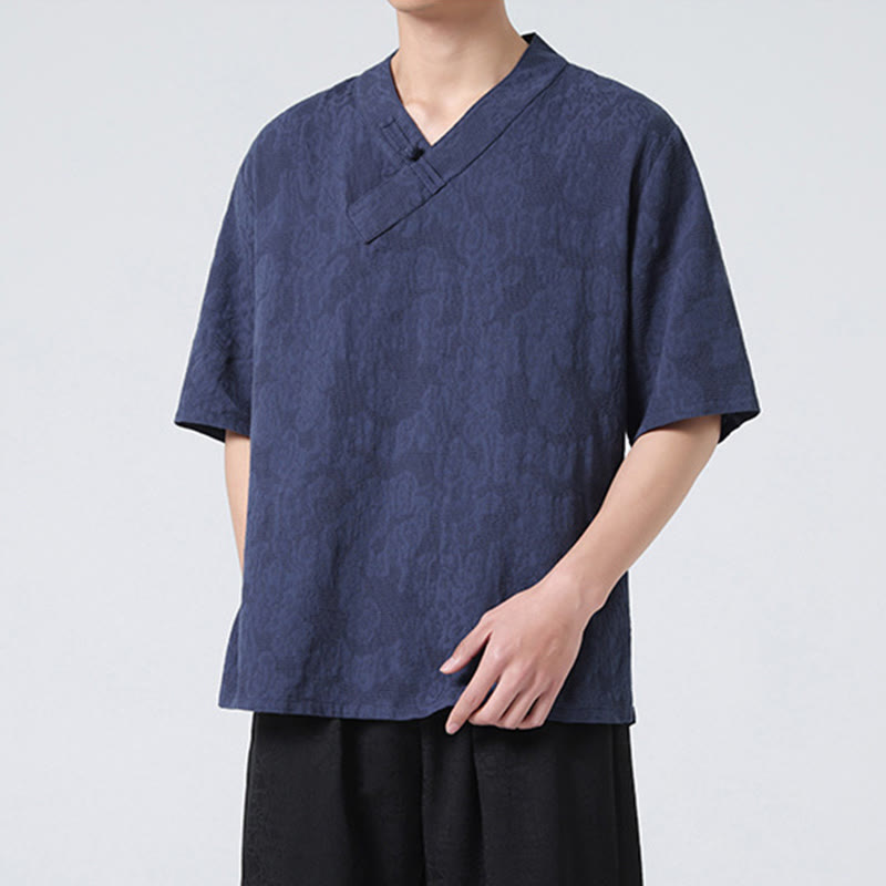 Buddha Stonesエスニック風 ダメージ加工 ジャカード フロッグボタン メンズ スタンドカラー 半袖 コットンリネン シャツ 太極拳服