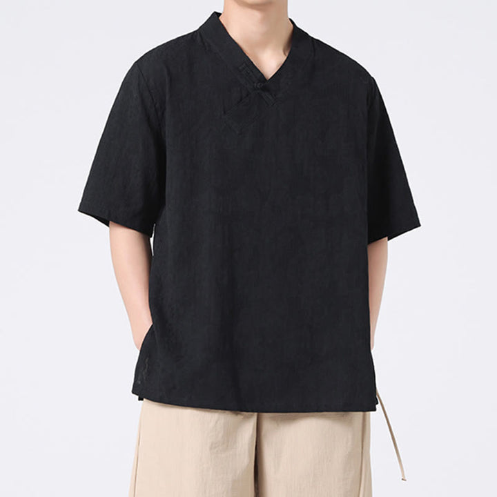 Buddha Stonesエスニック風 ダメージ加工 ジャカード フロッグボタン メンズ スタンドカラー 半袖 コットンリネン シャツ 太極拳服