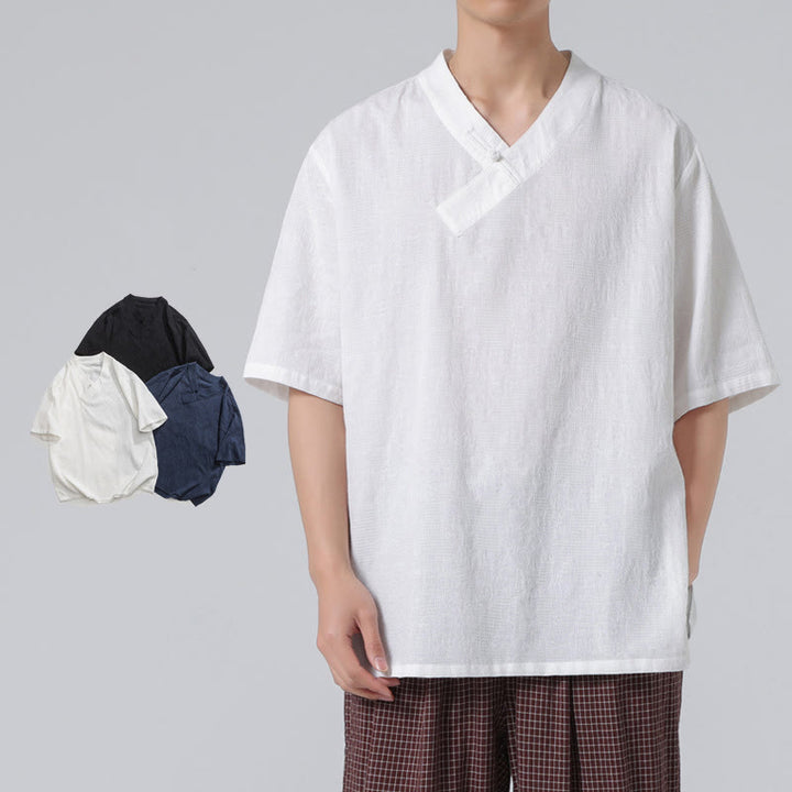 Buddha Stonesエスニック風 ダメージ加工 ジャカード フロッグボタン メンズ スタンドカラー 半袖 コットンリネン シャツ 太極拳服